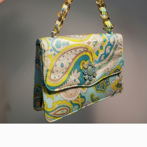 Banana Republic Silk Y2K Clutch - Evening Bag Paisley Print Gold Chain - Picture 2 of 12